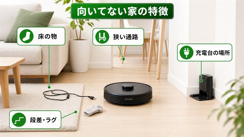 ルンバが向いてない家の床の物・段差・狭い通路・充電台の特徴