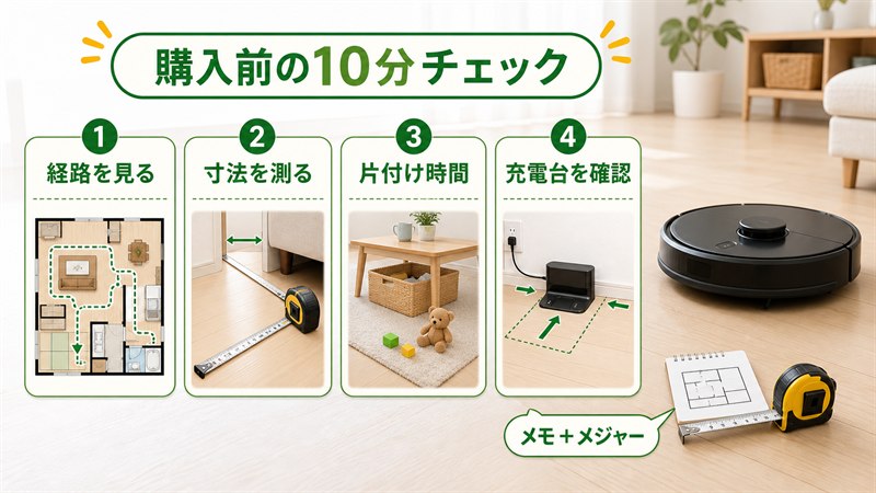 ルンバ購入前に経路・寸法・片付け時間・充電台を確認する10分チェック