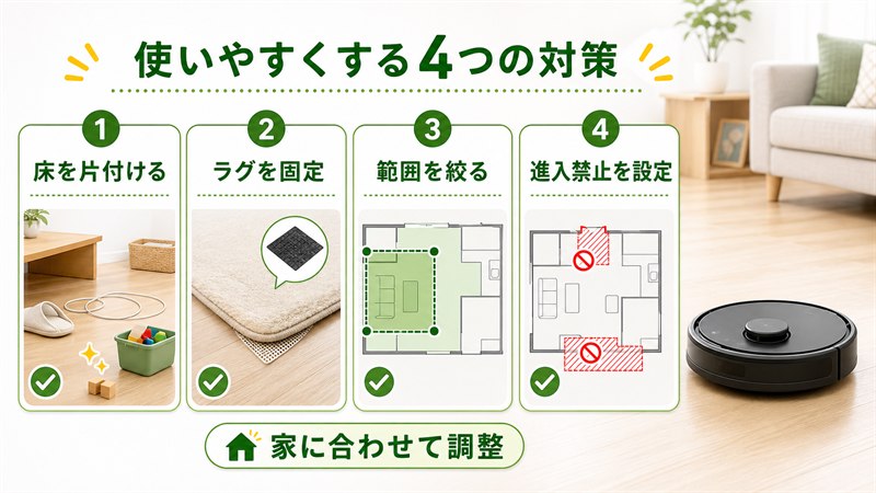 ルンバを使いやすくする床の片付け・ラグ固定・範囲限定・進入禁止設定