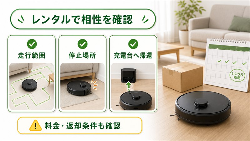 ルンバをレンタルして走行範囲・停止場所・充電台への帰還を確認する項目