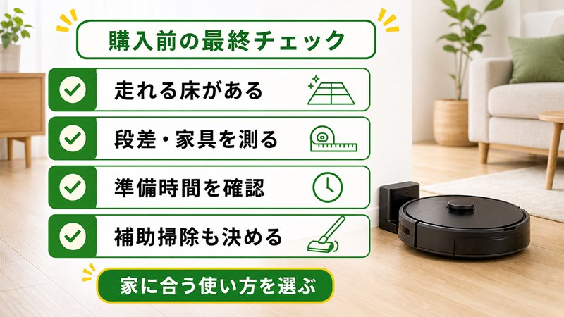 ルンバ購入前に走れる床・段差・準備時間・補助掃除を確認するまとめ
