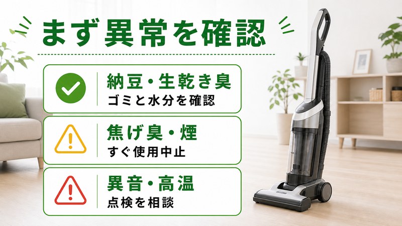 掃除機が納豆臭い時に異常臭・異音・高温を確認するチェック画像
