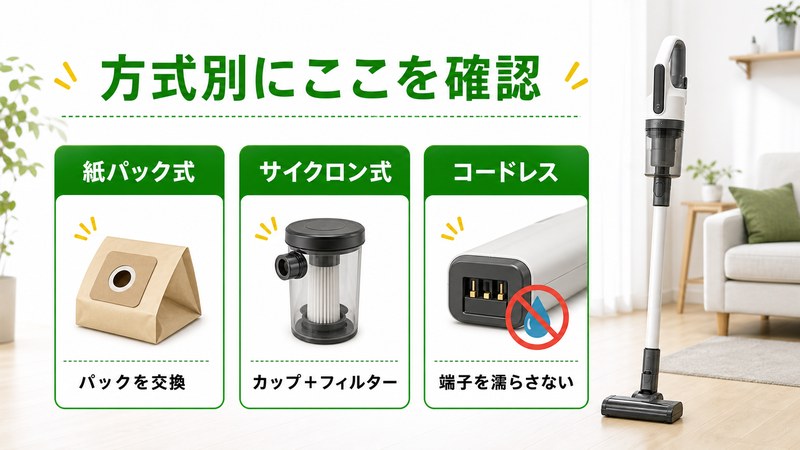 紙パック式・サイクロン式・コードレス掃除機の確認場所